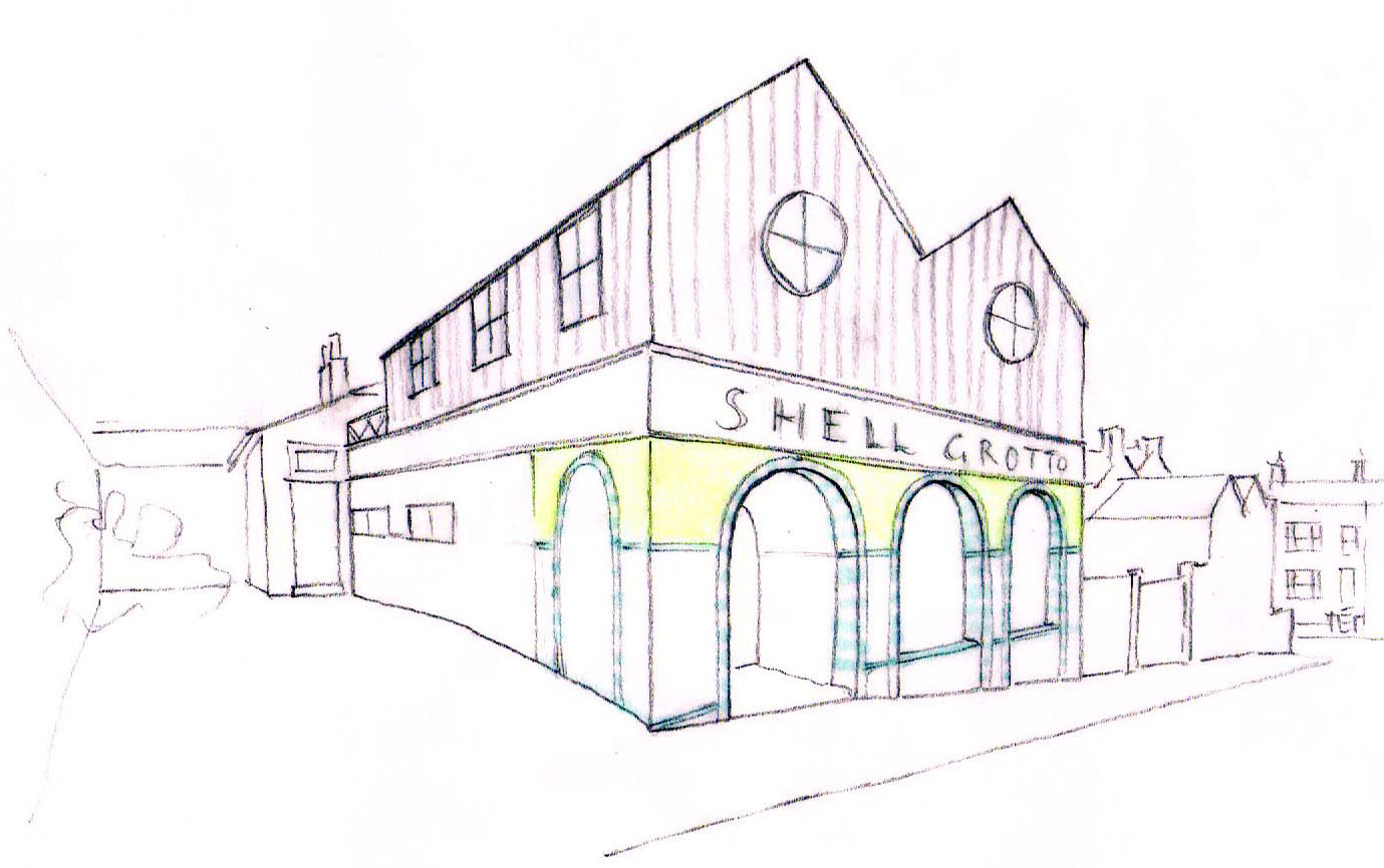 Downhill view towards Entrance and shop showing parking area